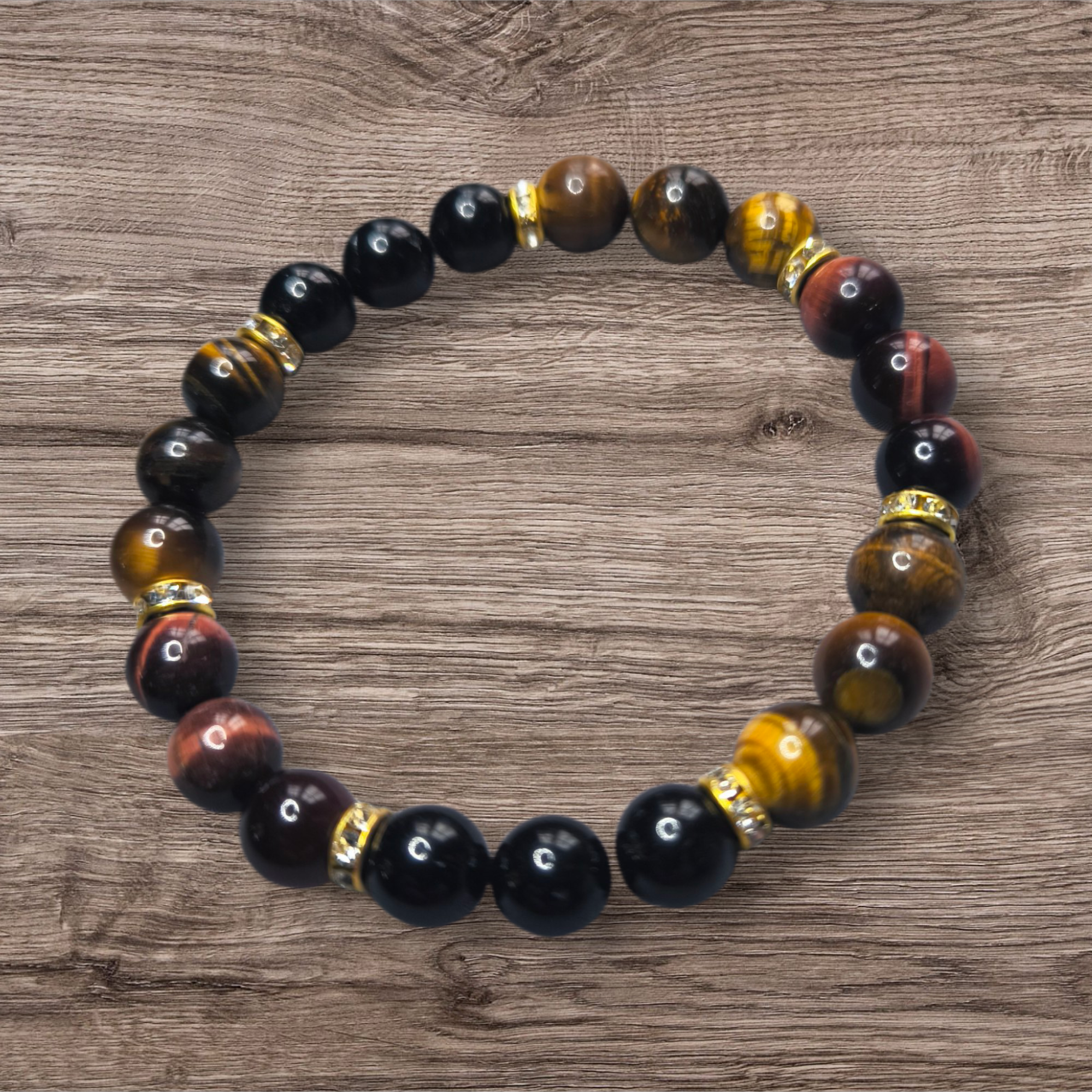 Bracelet Protection & Force – Œil de tigre, Œil de taureau et Tourmaline