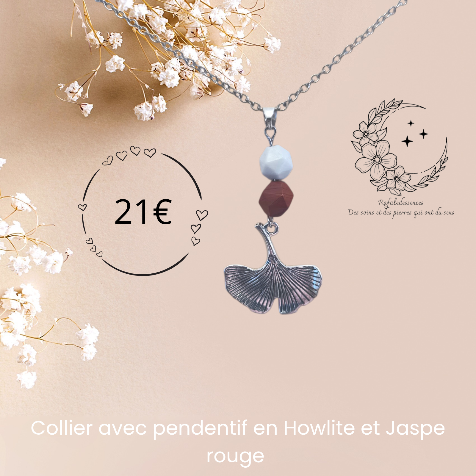 Pendentif Feuille de Ginkgo & Pierres Naturelles