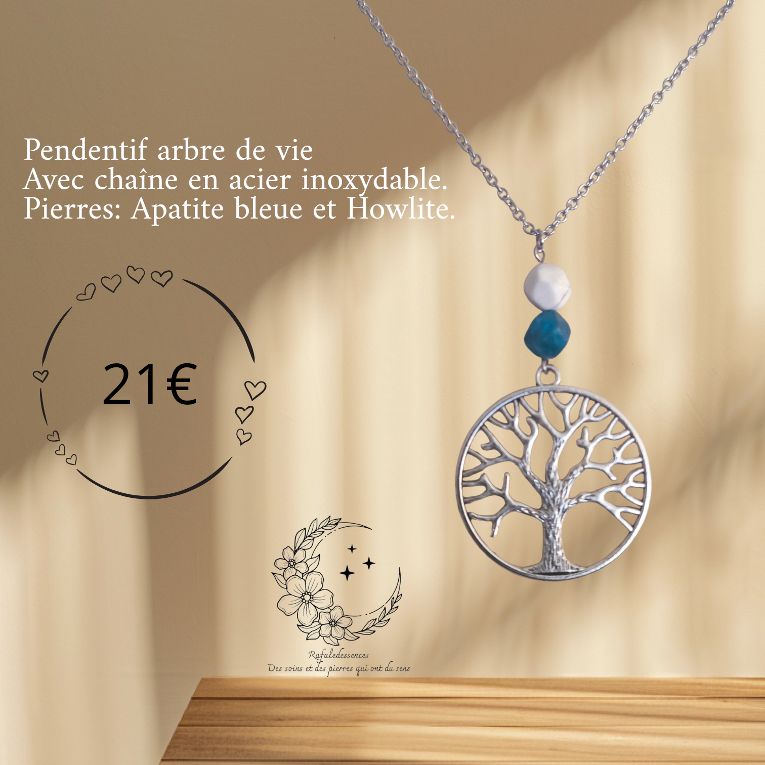 Pendentif Arbre de Vie argenté avec Howlite et Apatite bleue – Bijou en pierres naturelles