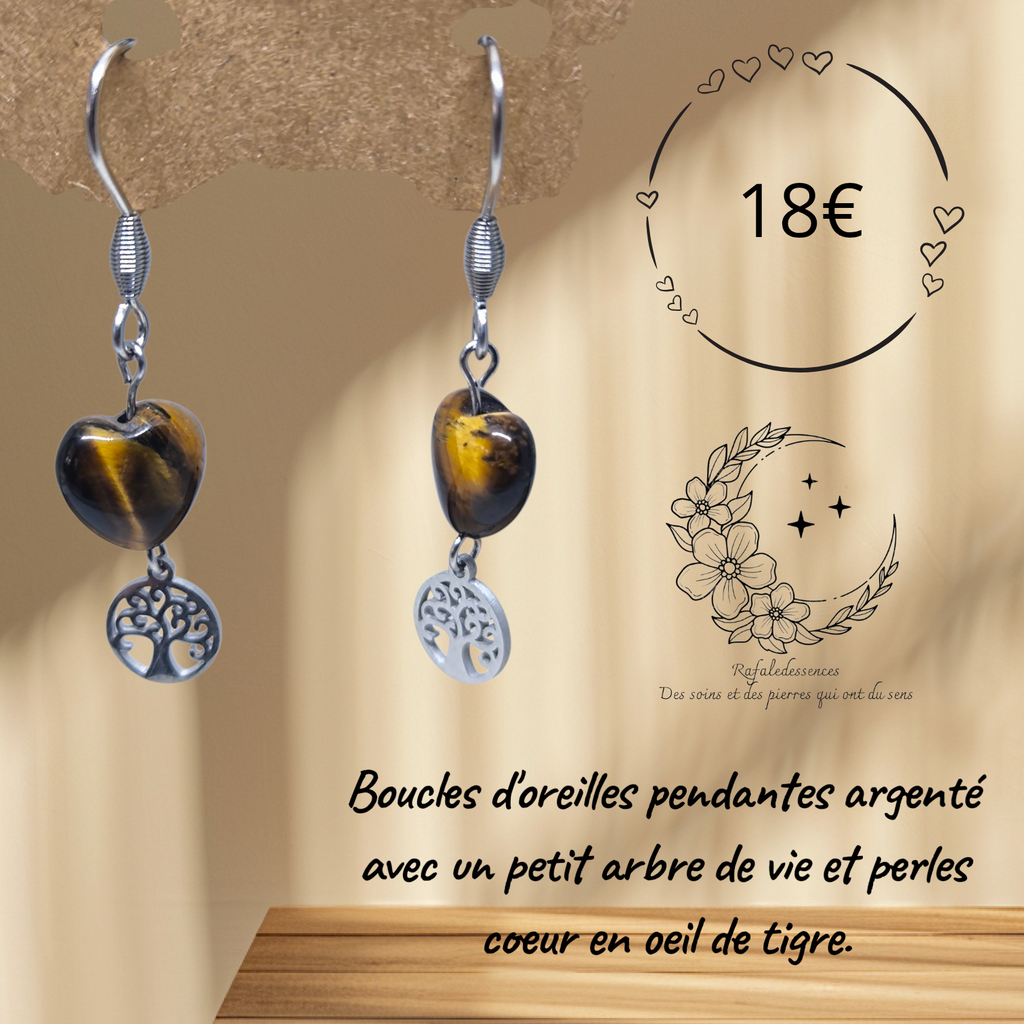 Boucles d’oreilles pendantes argentées Arbre de Vie et cœurs en Œil de Tigre – Pierre naturelle