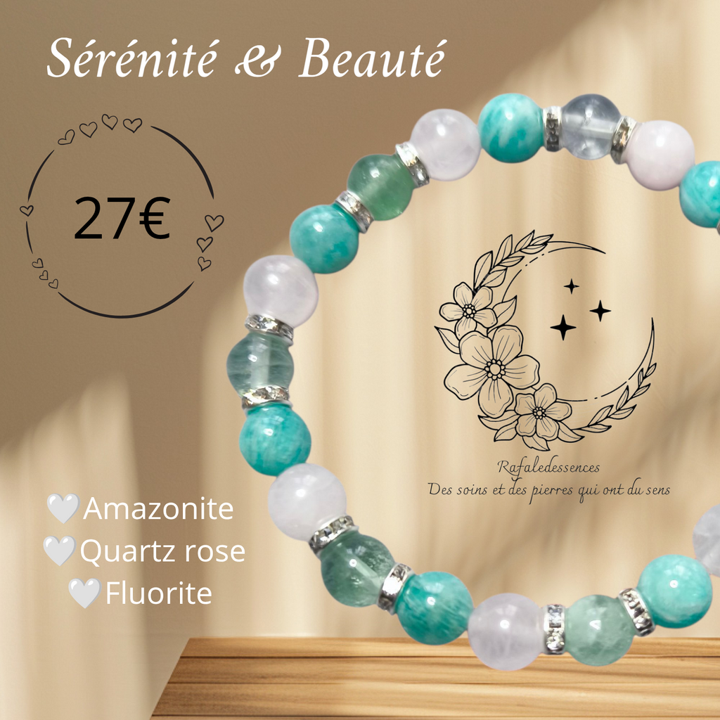 Bracelet Sérénité & Beauté – Amazonite, Quartz rose et Fluorite