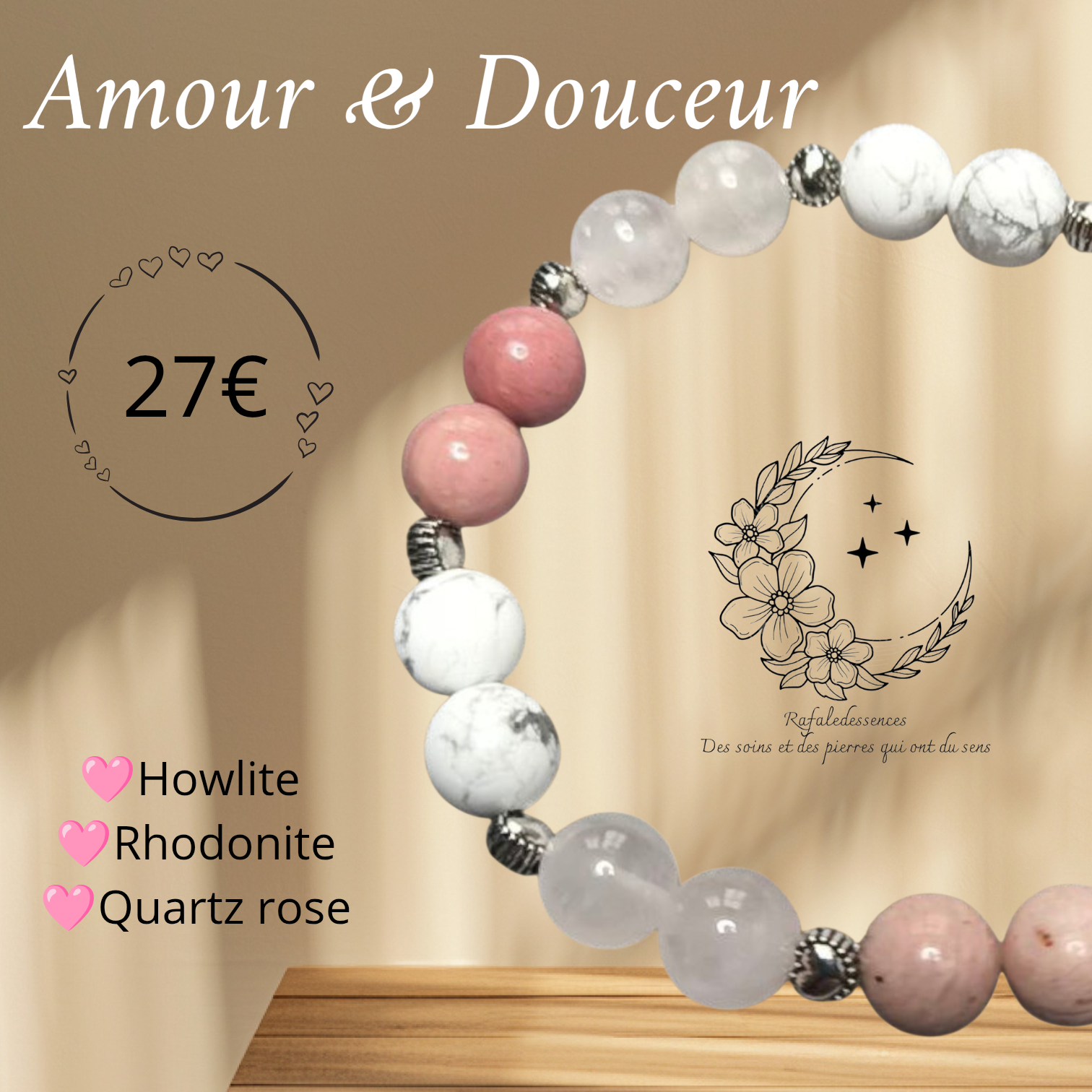 Bracelet Amour & Douceur – Rhodonite, Howlite et Quartz rose