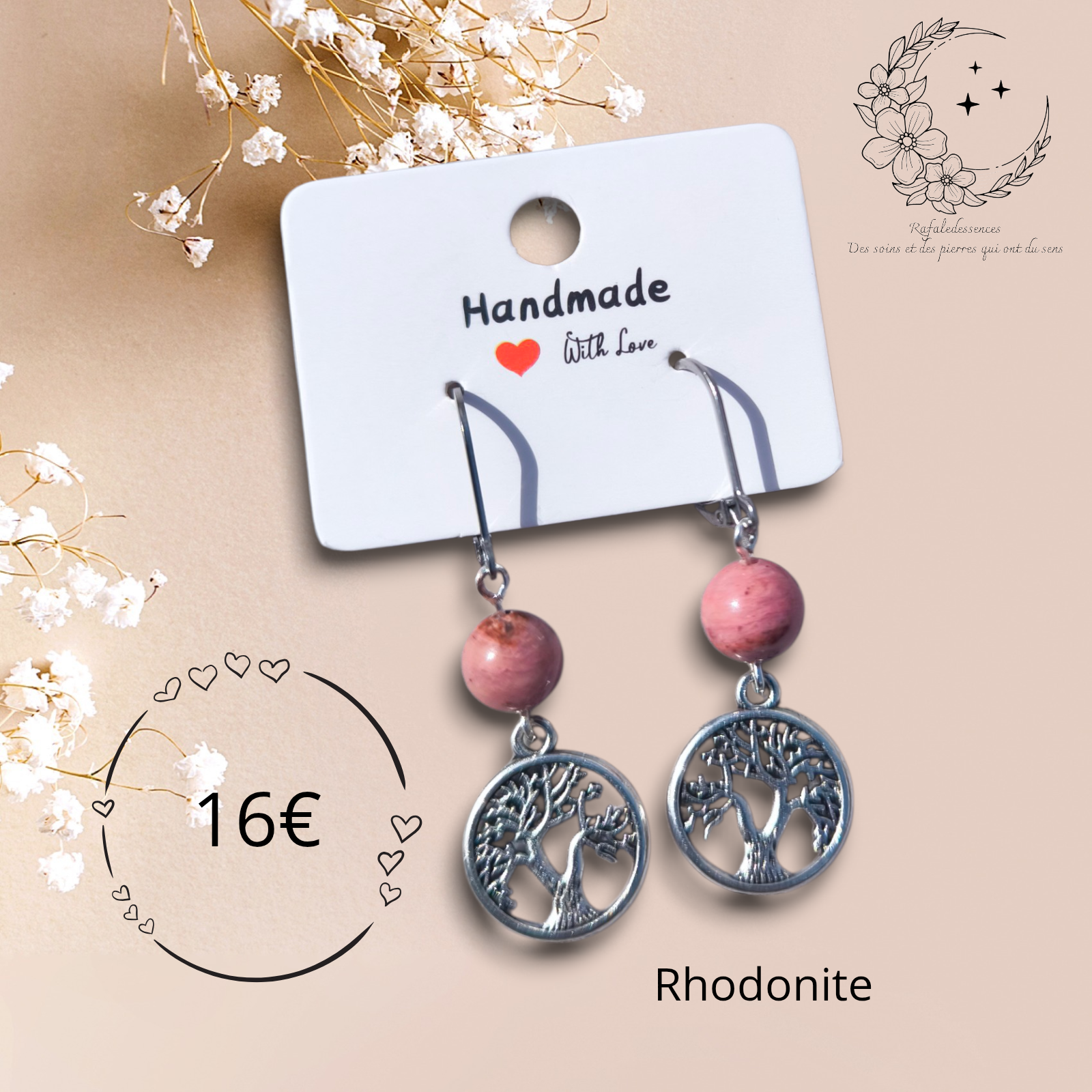 Boucles d’oreilles dormeuses Arbre de Vie – Acier inoxydable & Rhodonite