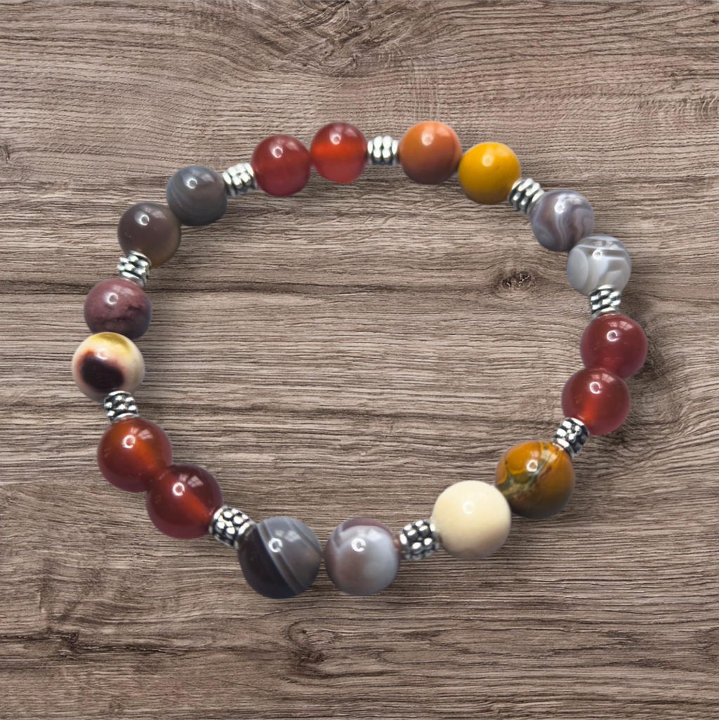 Bracelet Énergie & Vitalité – Agate du Botswana, Cornaline et Jaspe Mokaïte