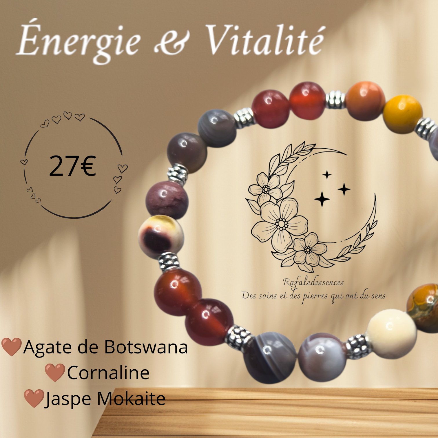 Bracelet Énergie & Vitalité – Agate du Botswana, Cornaline et Jaspe Mokaïte