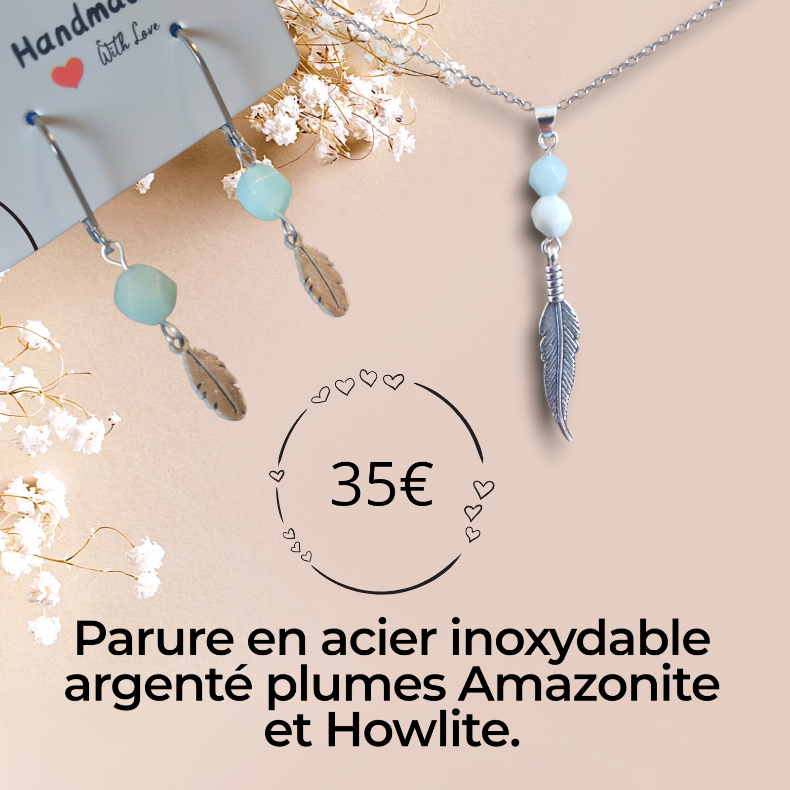 Parure Plumes – Élégance naturelle en acier inoxydable, Howlite & Amazonite