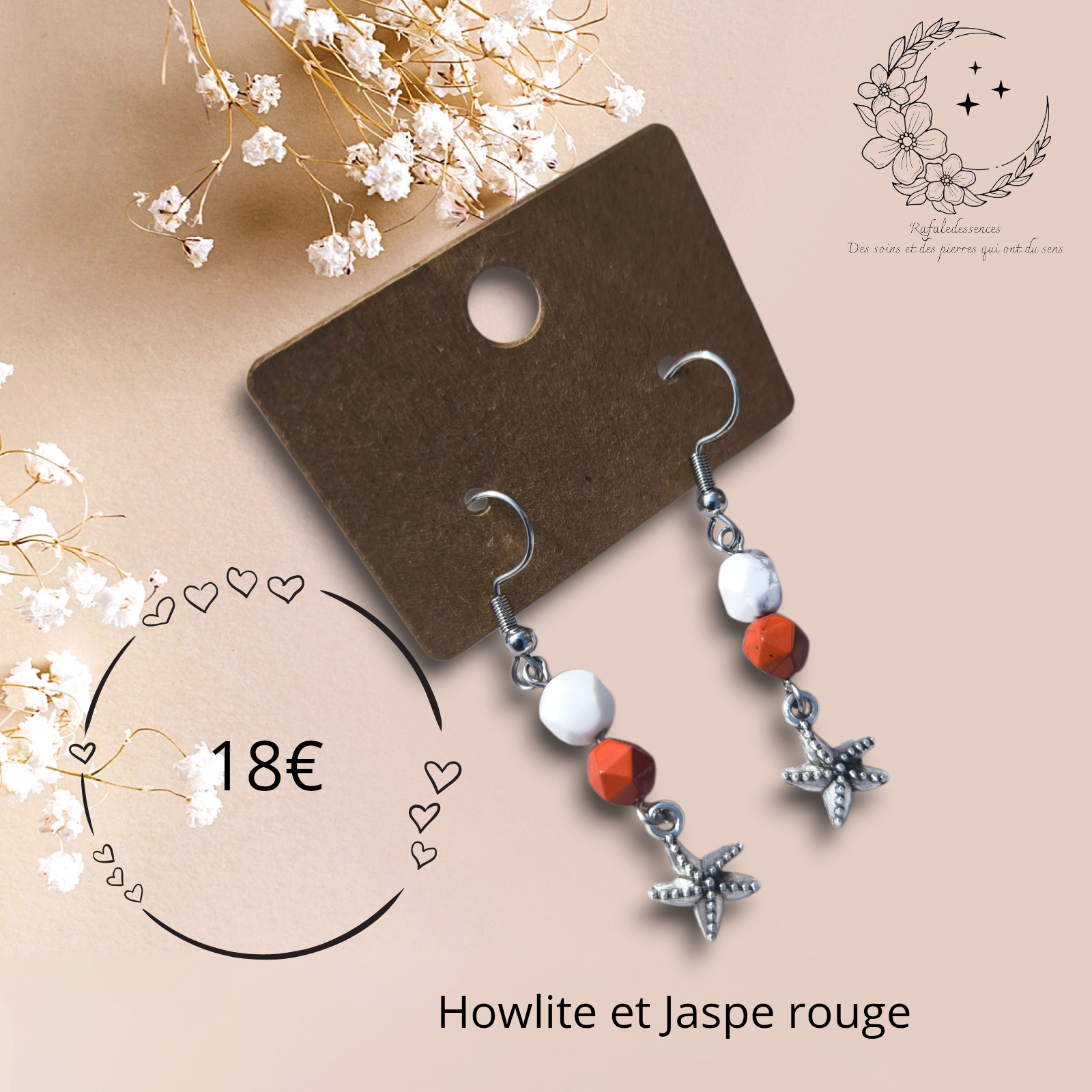 Boucles d’oreilles pendantes Étoile de Mer – Acier inoxydable, Howlite & Jaspe rouge