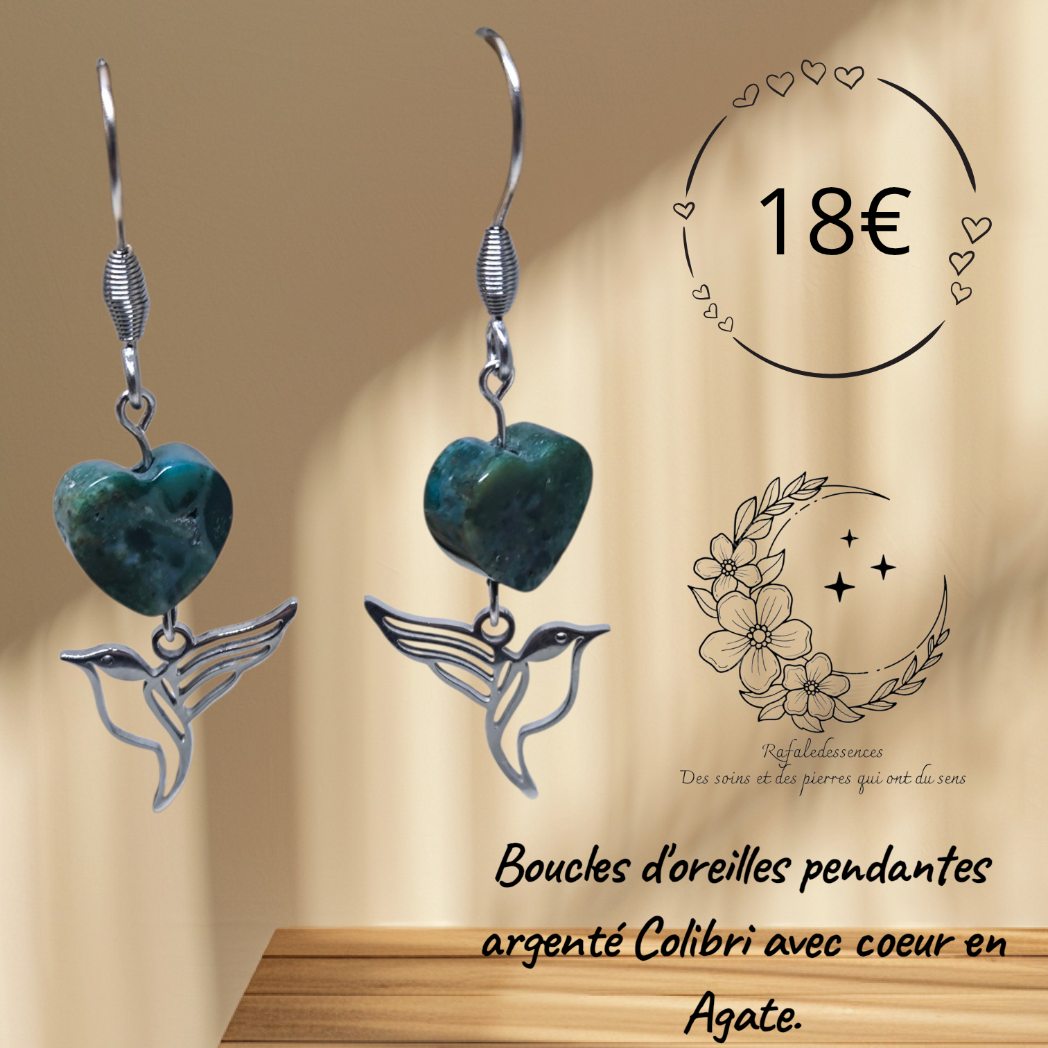 Boucles d’oreilles pendantes Colibri & Cœur en Agate – Argenté