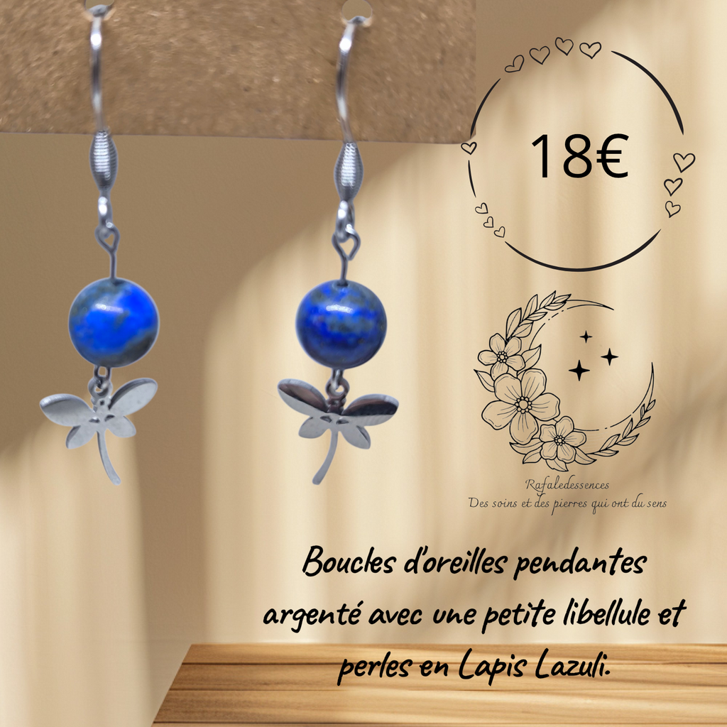 Boucles d’oreilles pendantes argentées – Libellule & Perle Lapis Lazuli