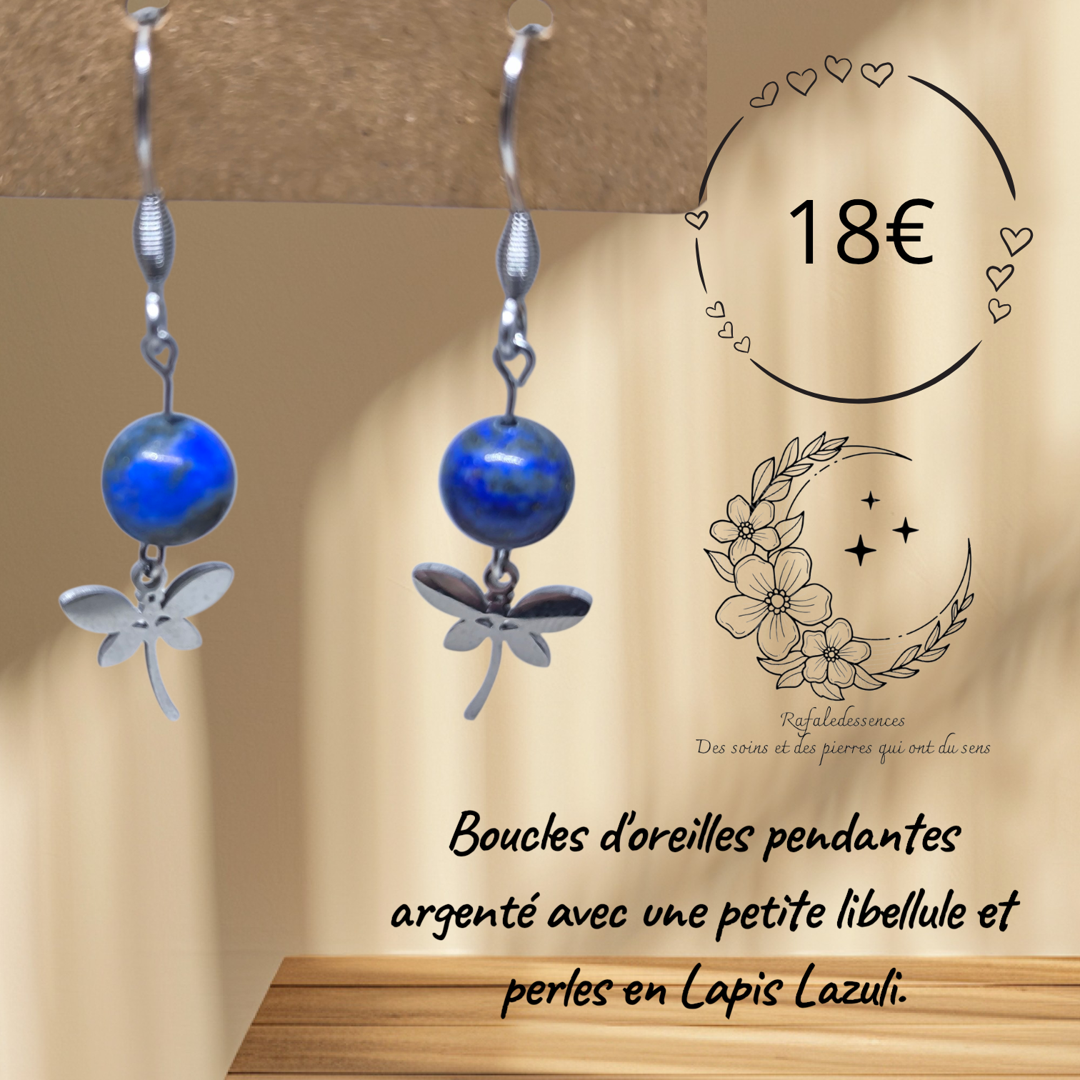 Boucles d’oreilles pendantes argentées – Libellule & Perle Lapis Lazuli