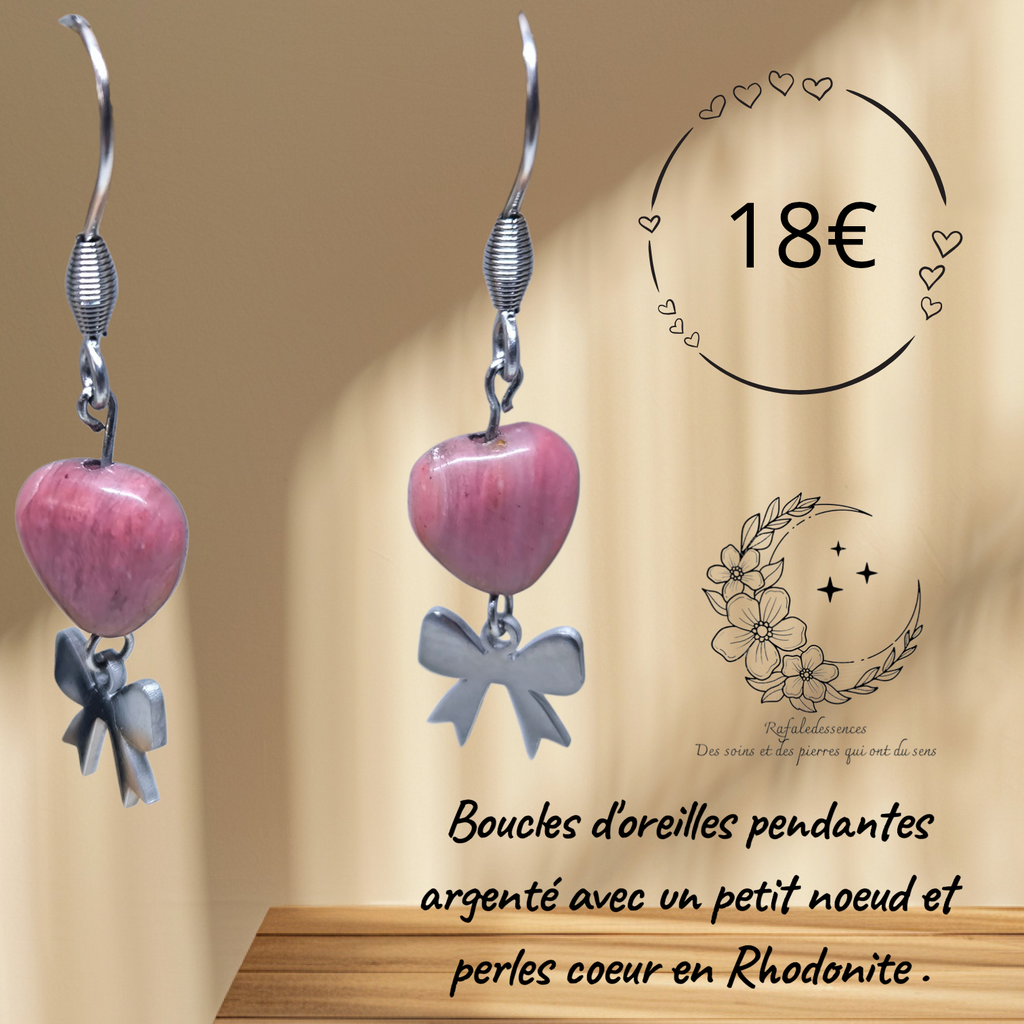 Boucles d’oreilles pendantes argentées cœur rhodonite – Bijou en pierre naturelle