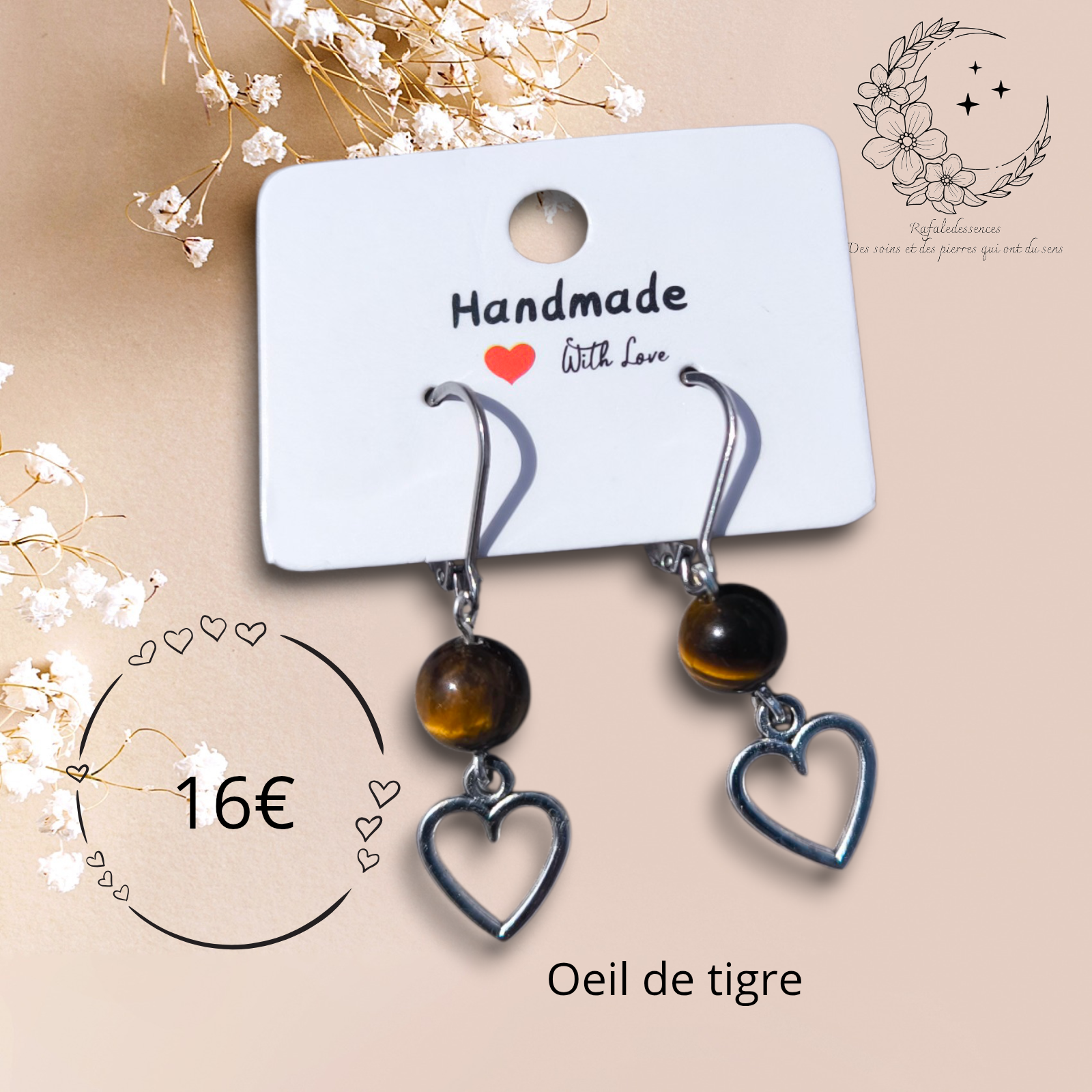 Boucles d’oreilles dormeuses Cœur – Acier inoxydable & Œil de Tigre